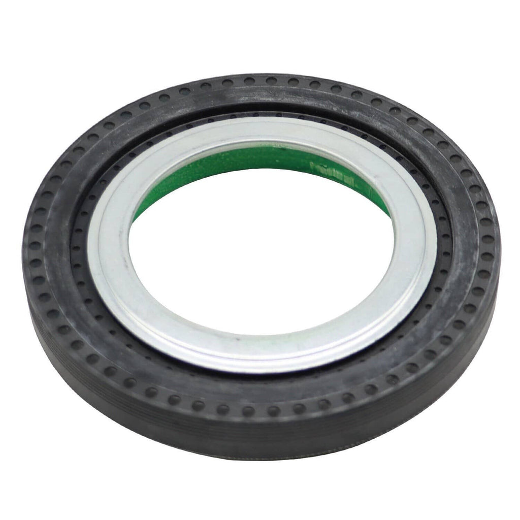 Front axle seal ring with black rubber edge and silver metal inner face with green seal
