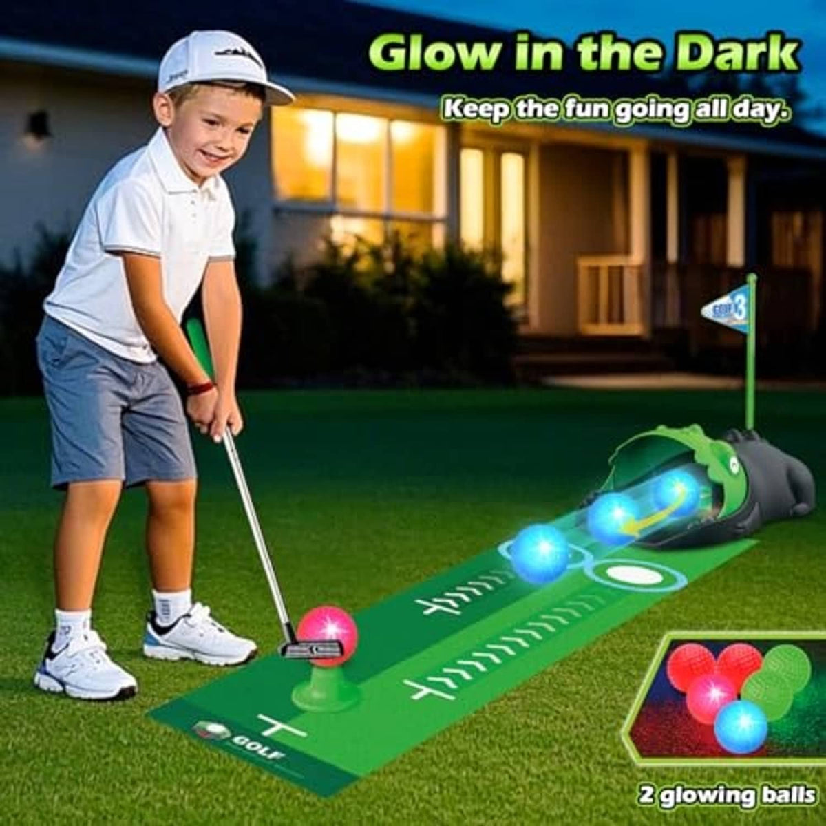 Kids toy golf set with glowing green mat, dinosaur ball returner, and toy golf club