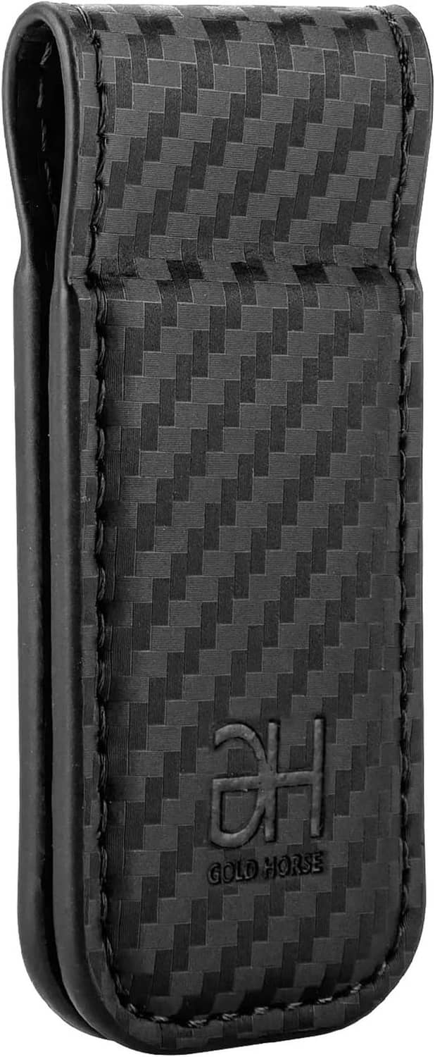 Black carbon-fiber money clip card holder with embossed Gold Horse logo and stitching