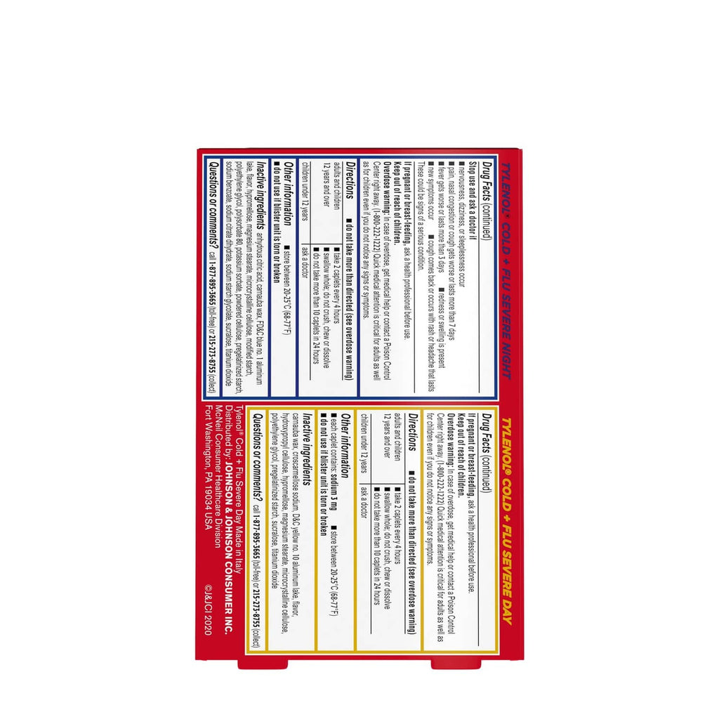 Tylenol Cold + Flu Severe caplets box back panel with supplement facts and directions.
