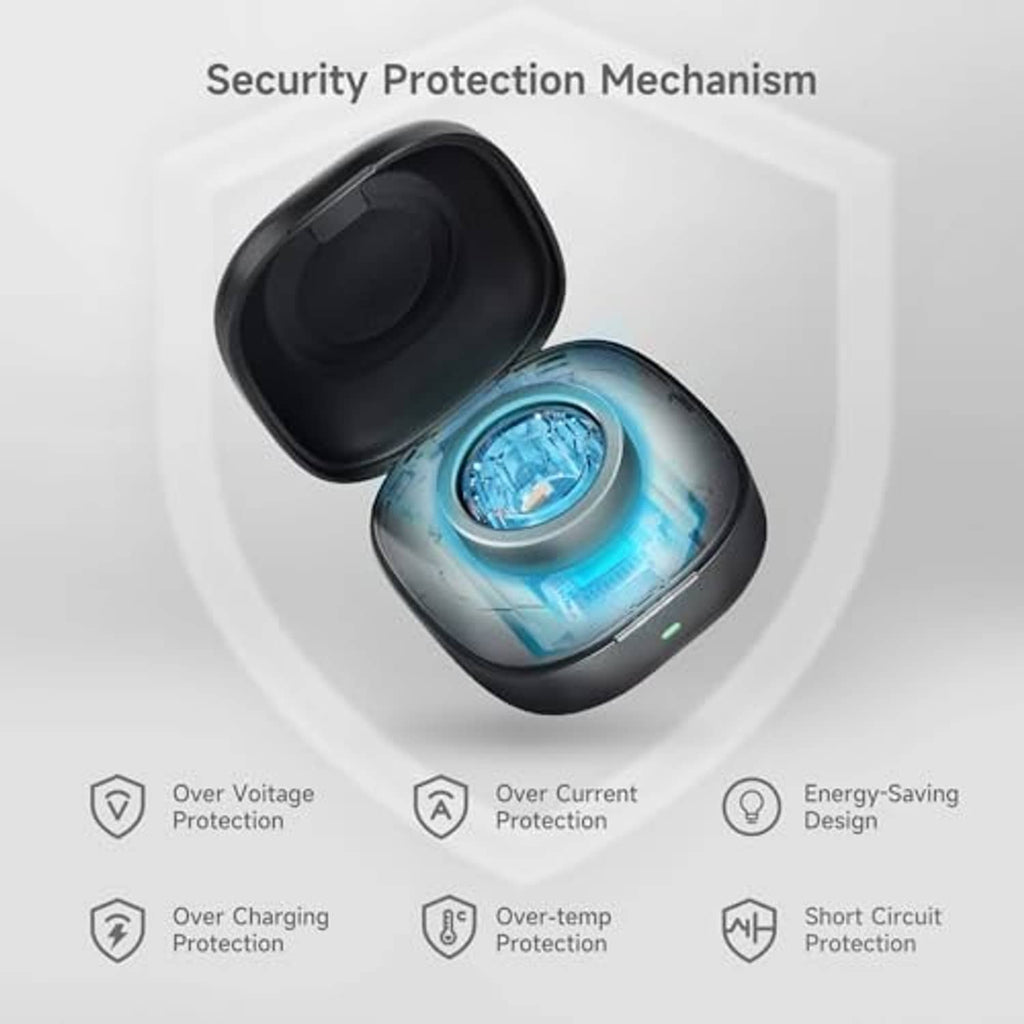 Black wireless charging case with glowing blue charging ring inside, lid open