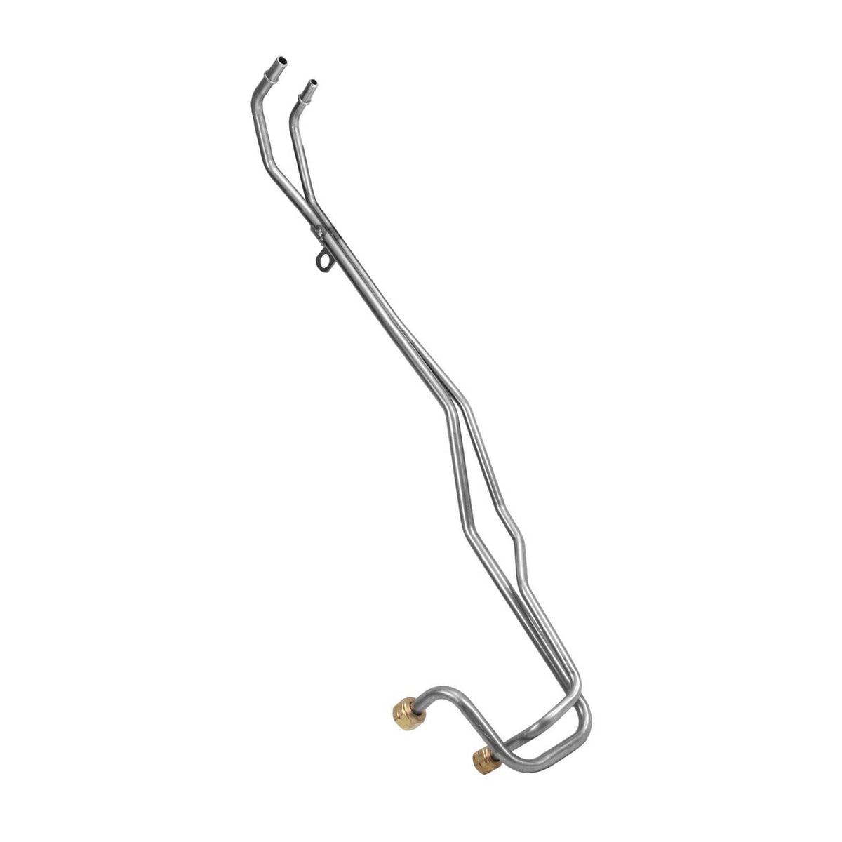 Diesel fuel return line assembly side view with curved steel pipes and brass clips