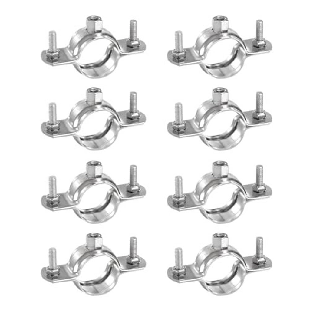 Set of 8 stainless steel pipe bracket clamps with threaded bolts for mounting