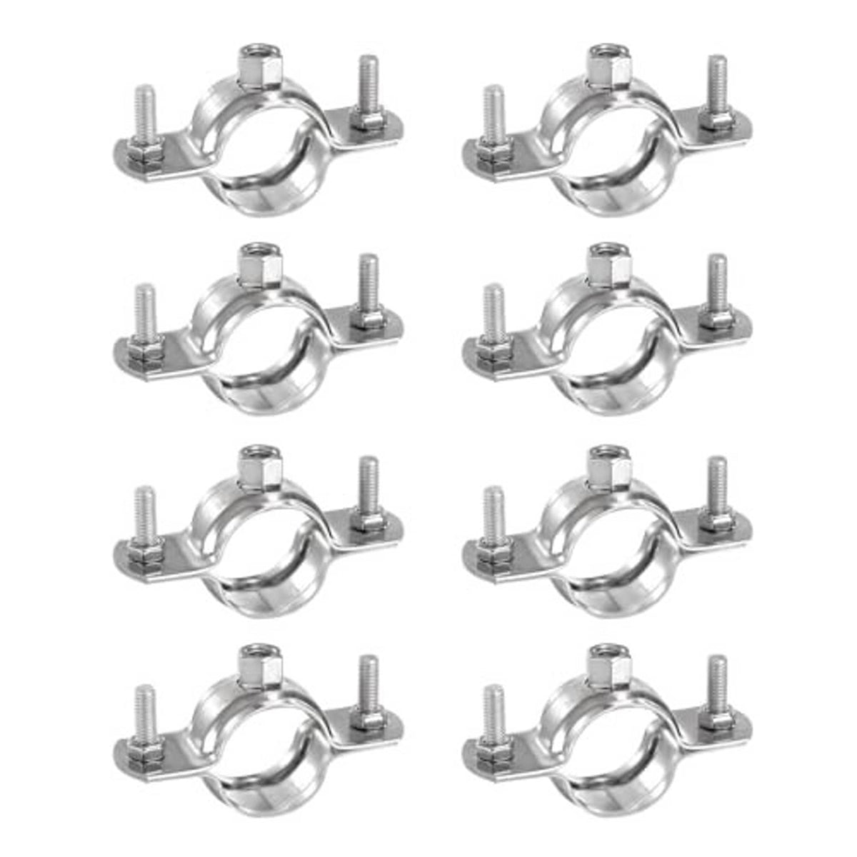 Set of 8 stainless steel pipe bracket clamps with threaded bolts for mounting
