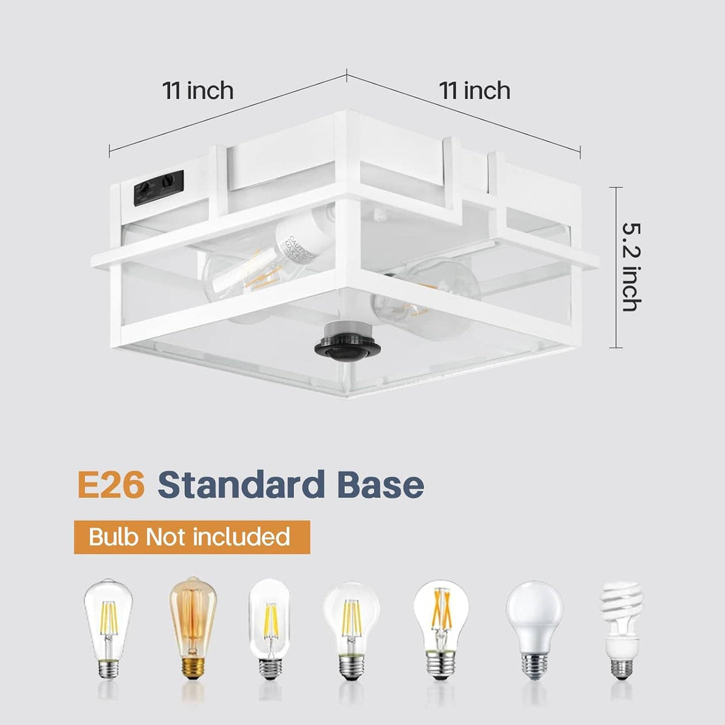 White flush-mount outdoor ceiling light with two exposed bulbs and built-in sensor control
