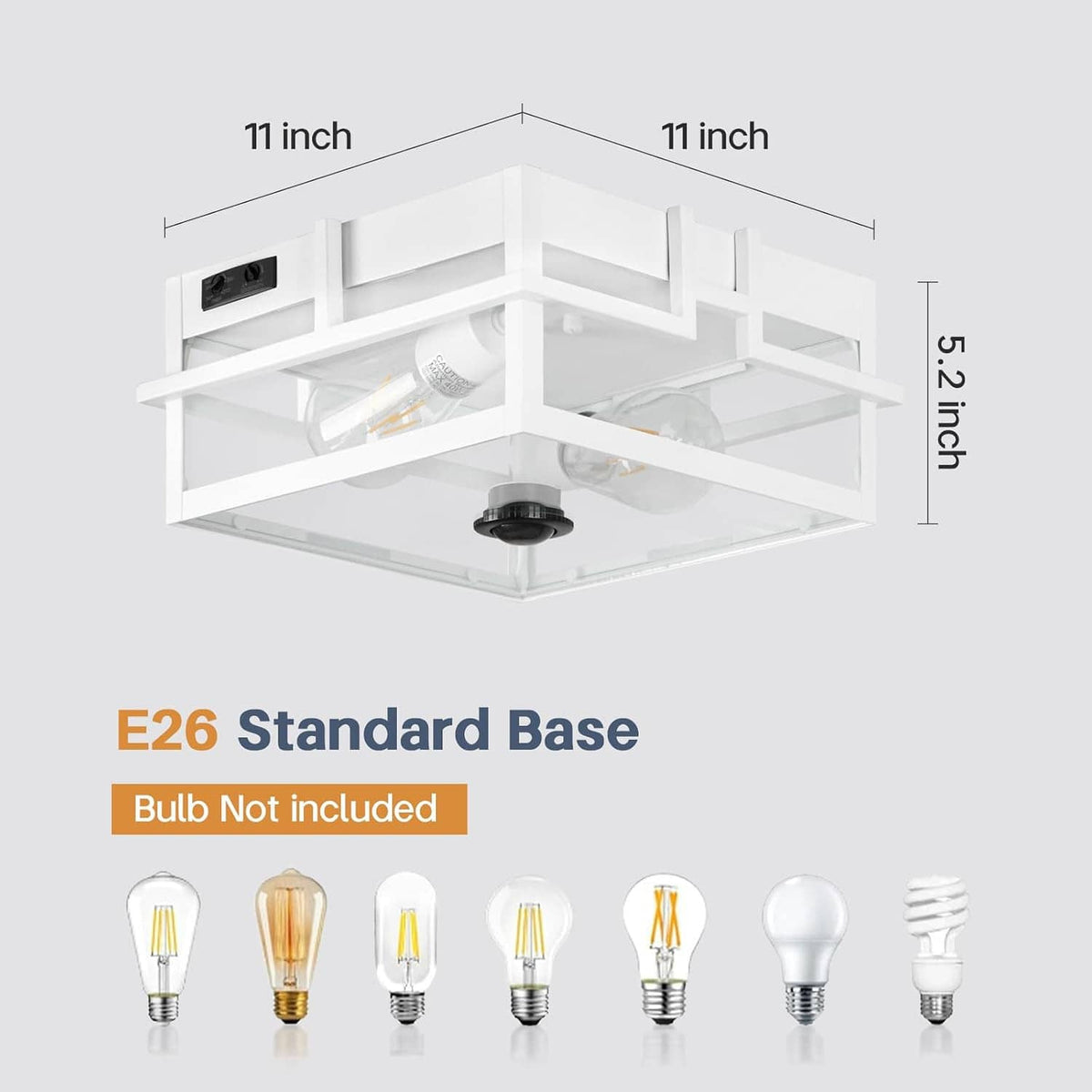 White flush-mount outdoor ceiling light with two exposed bulbs and built-in sensor control