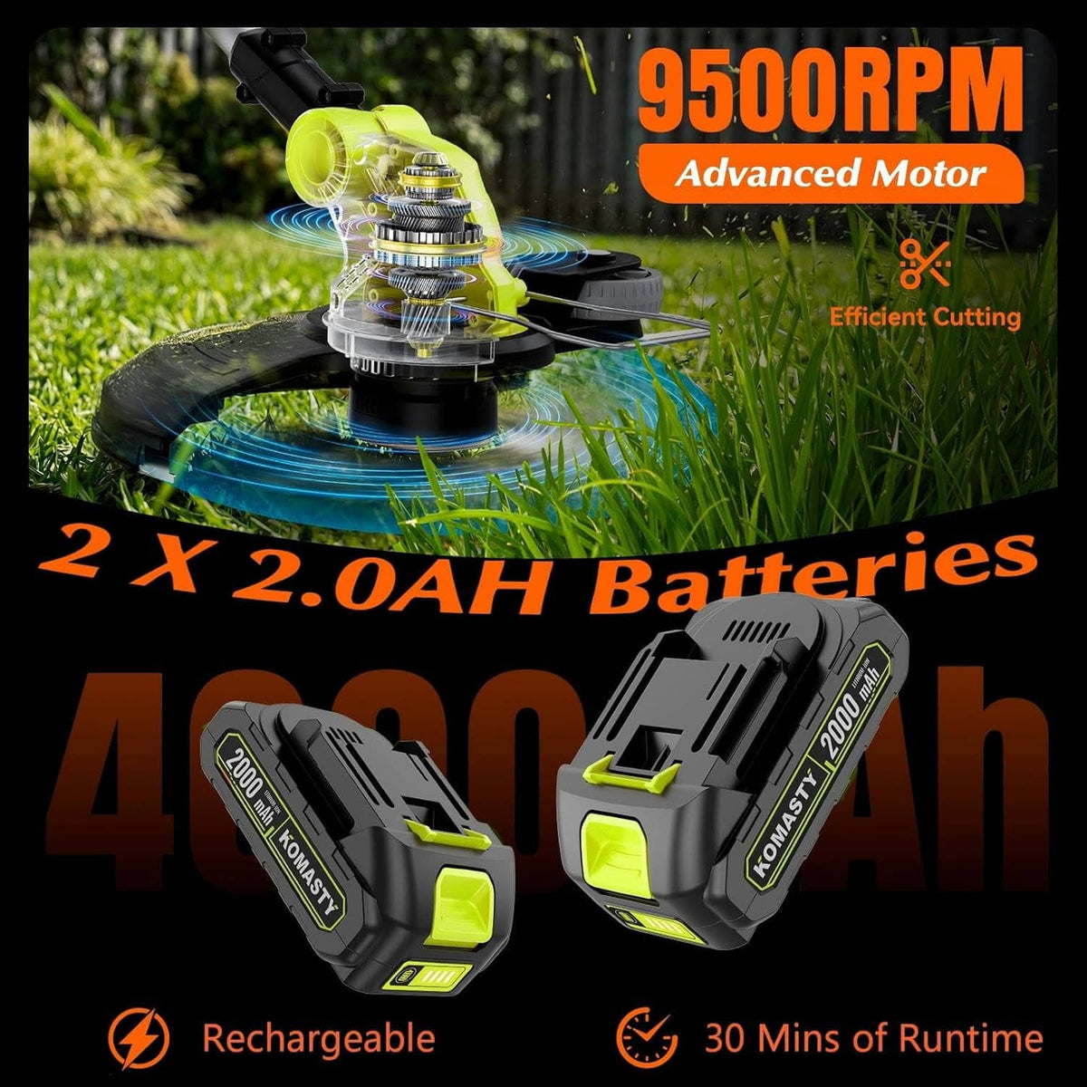Cordless electric weed trimmer motor head with cutting disc and two 2.0Ah batteries
