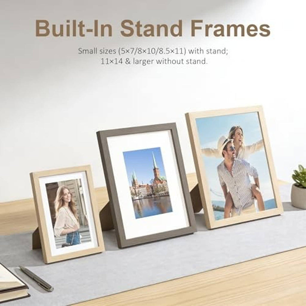 Natural wood veneer tabletop picture frame with built-in stand for display