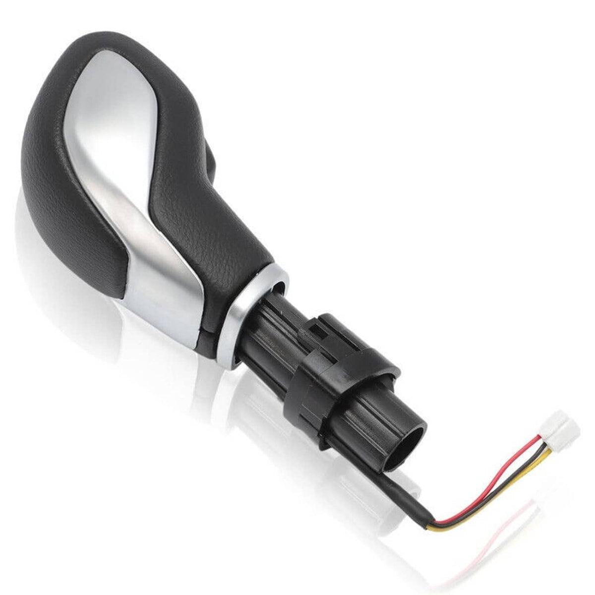 Automatic transmission shift knob with black grip, silver trim, and multi-wire connector