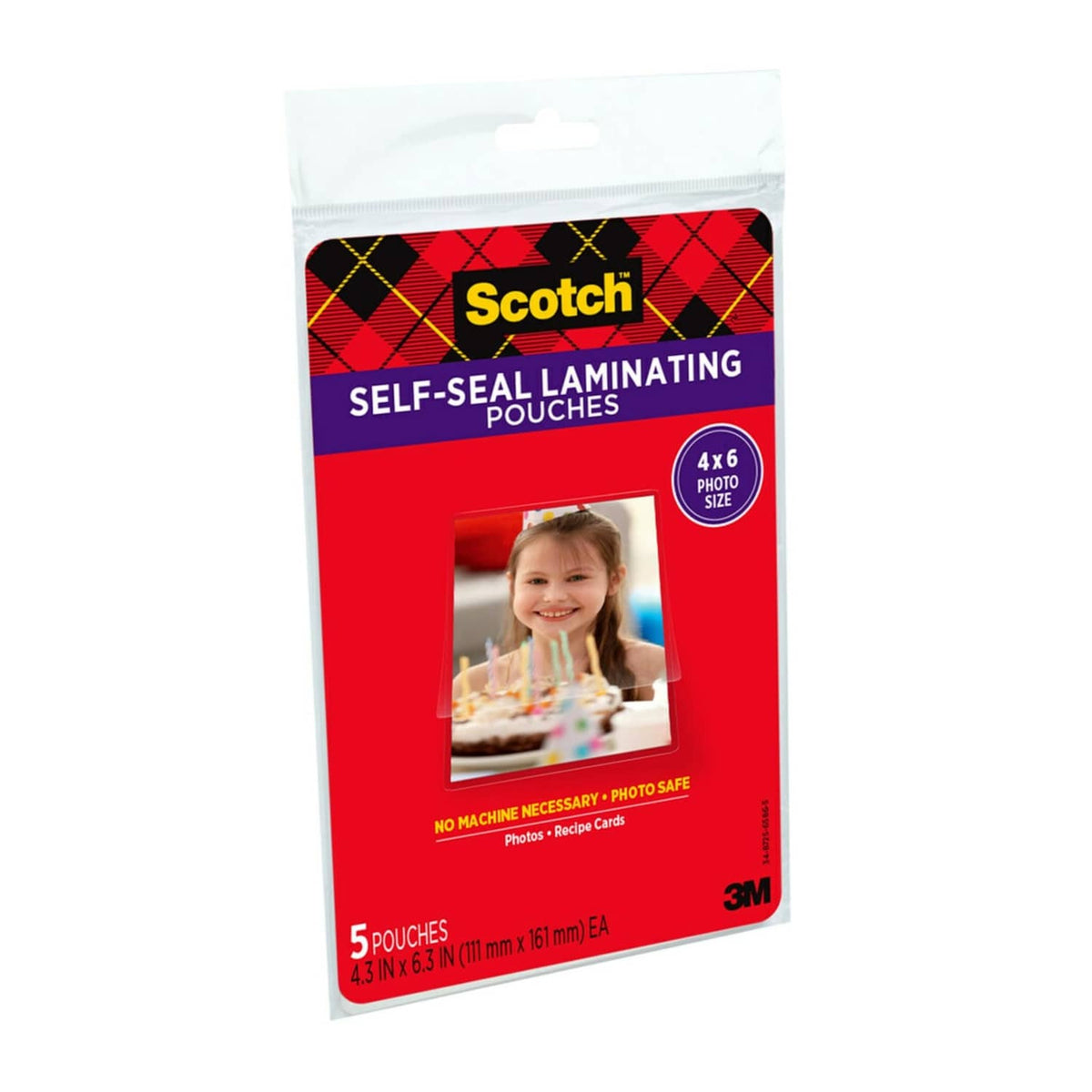 Scotch self-seal laminating pouches, 4 x 6 photo size, 5 pouches, front view