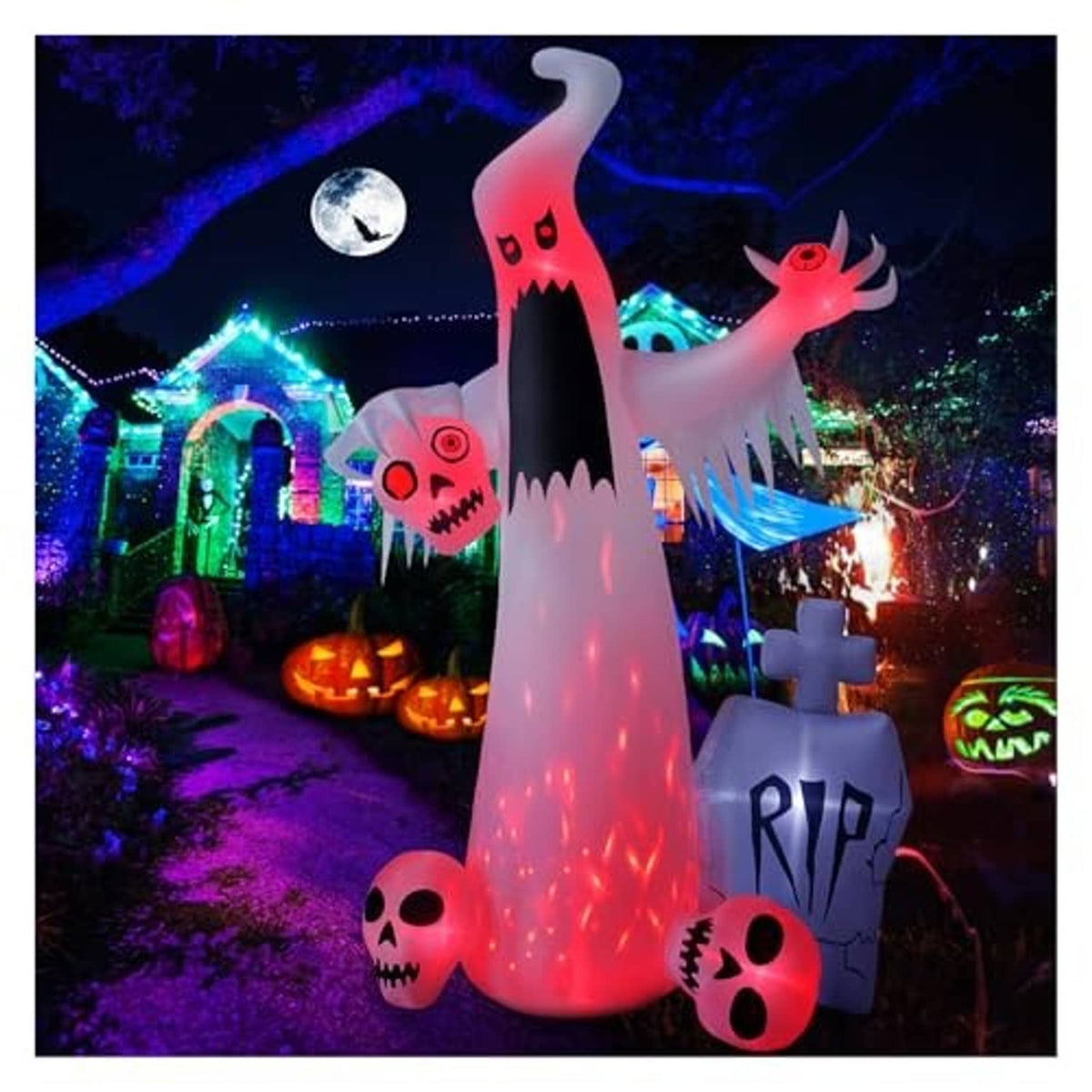 12 ft glowing Halloween ghost inflatable with red skull mouth, tombstones, and hanging moon backdrop