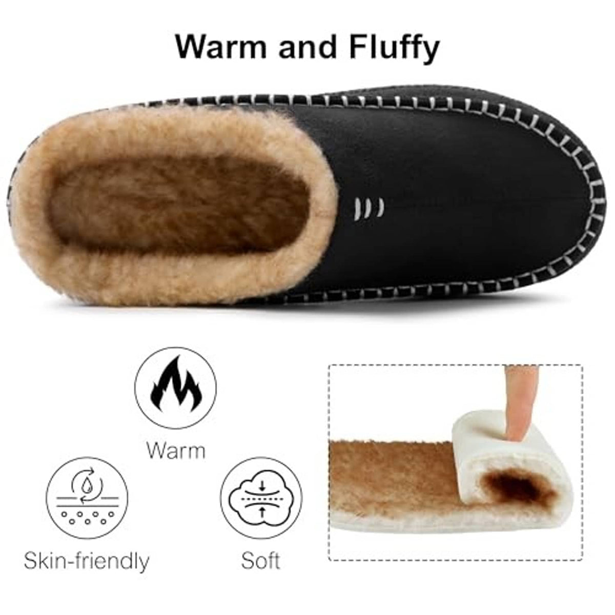 Black slipper with tan plush interior and contrast white zigzag stitch trim.