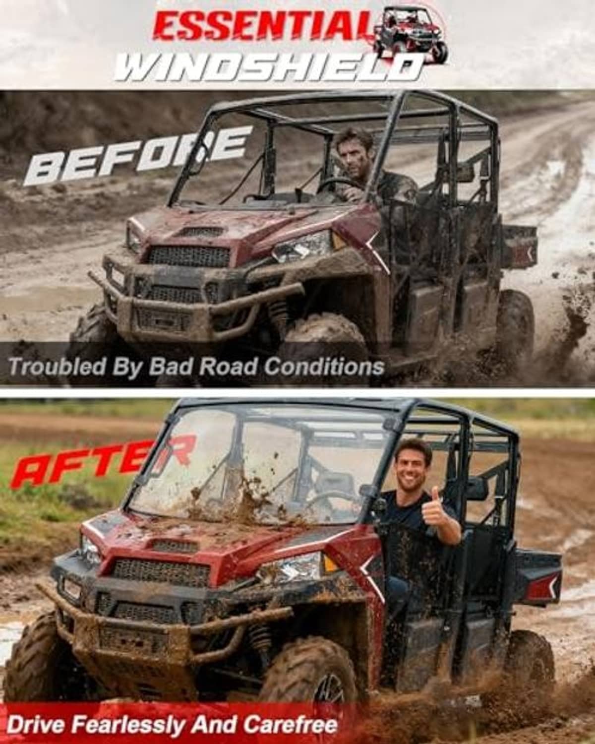 UTV front windshield with clear shield and dark frame, protecting driver from off-road dust