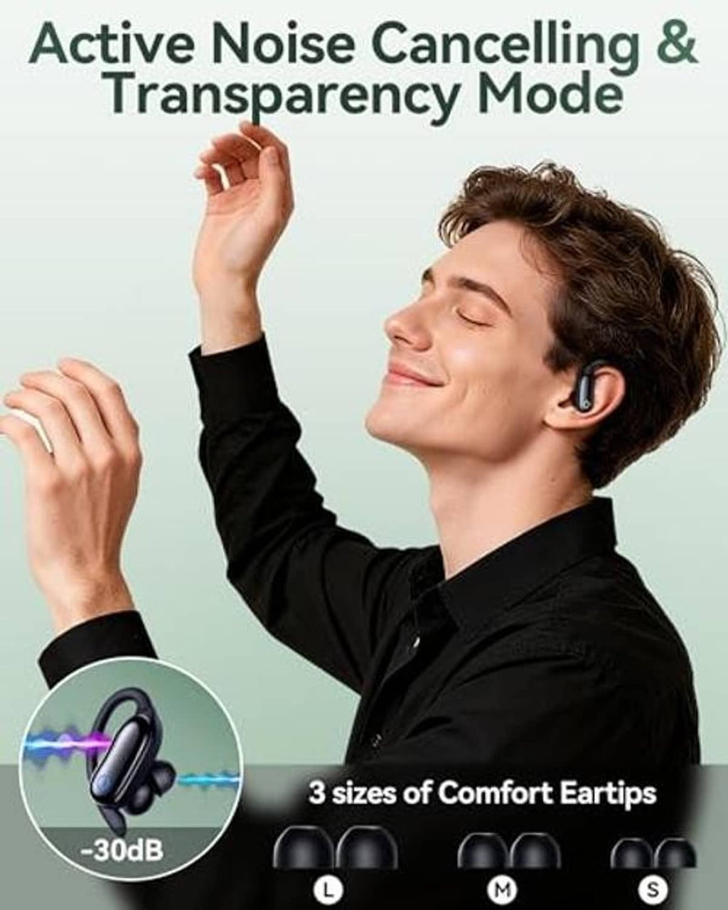 Black wireless earbuds worn in ear, with compact case and ear tip details