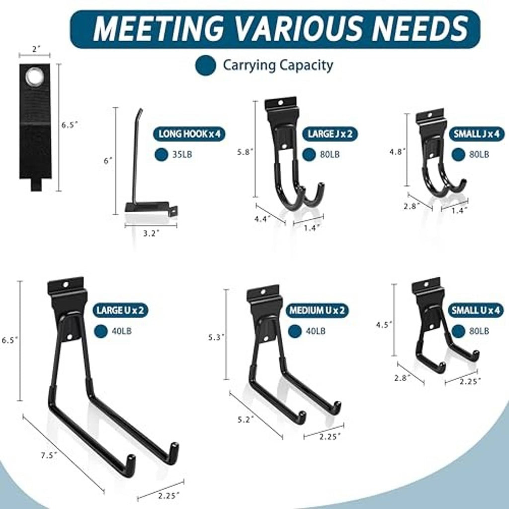 Black slatwall hooks with varied sizes, curved arms and mounting plates