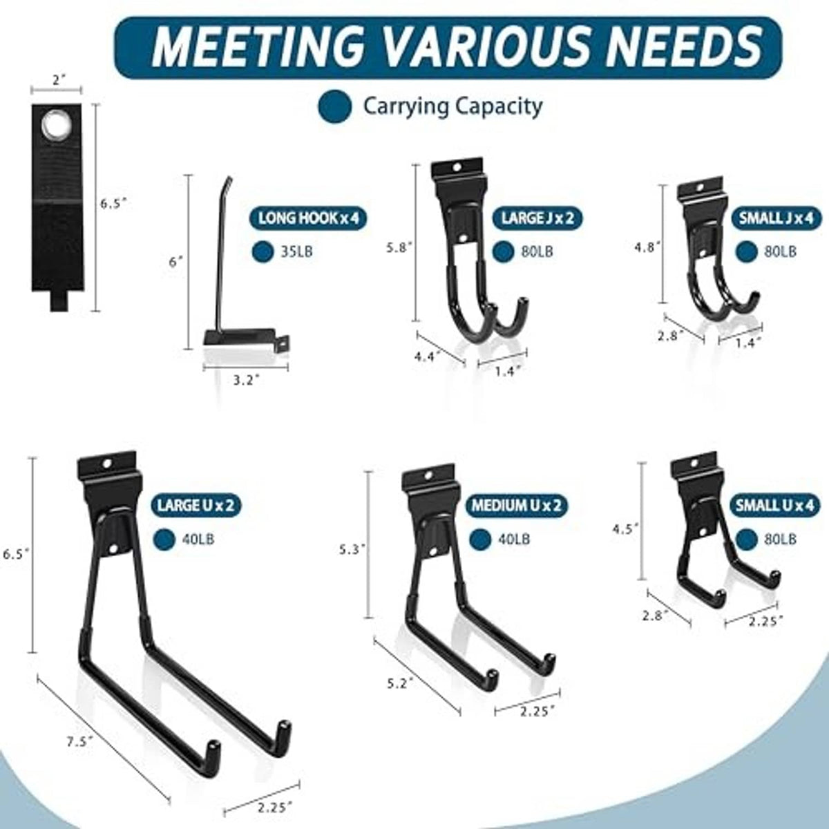 Black slatwall hooks with varied sizes, curved arms and mounting plates