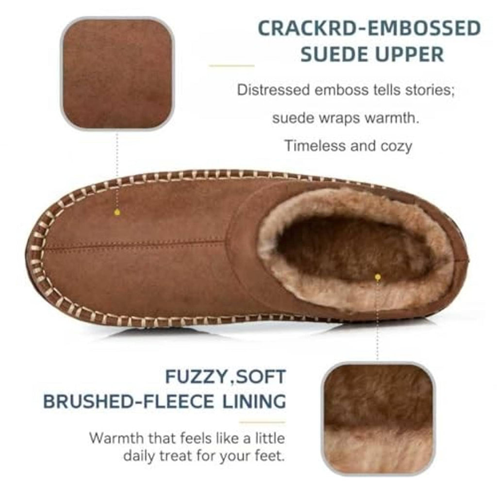 Tan suede moccasin slipper with crackle finish, fuzzy lining, and cushioned sole