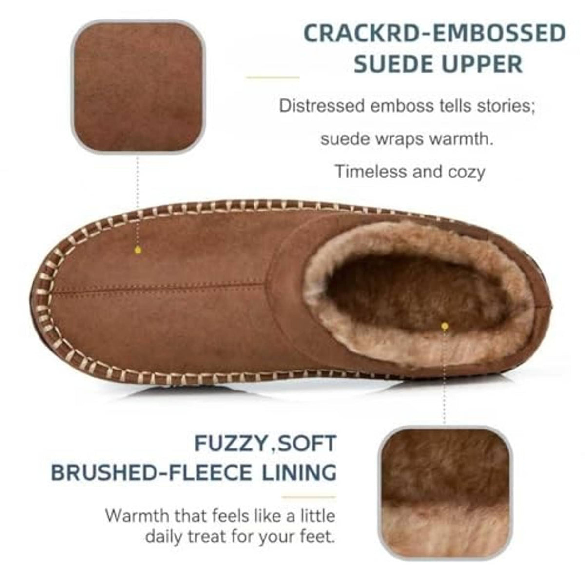 Tan suede moccasin slipper with crackle finish, fuzzy lining, and cushioned sole