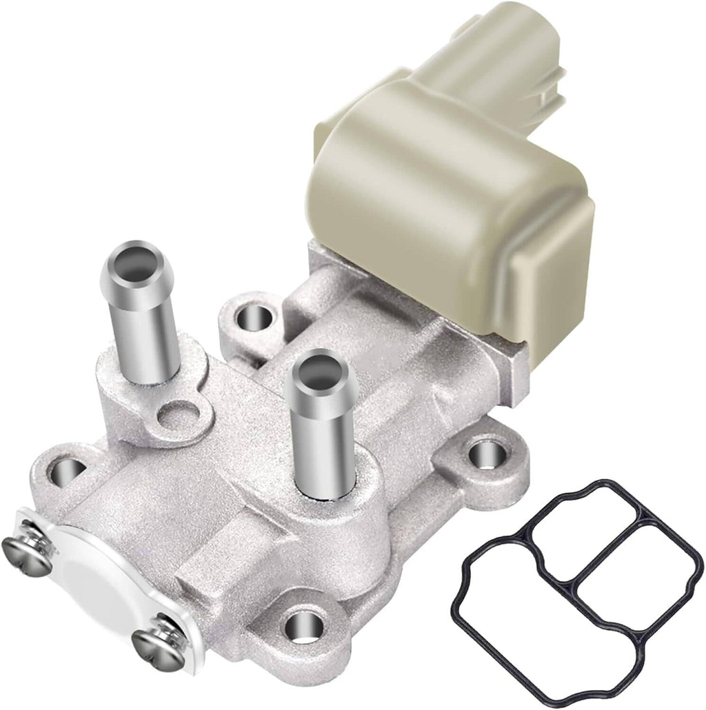 Idle air control valve with metal body, two mounting posts, and beige electrical connector