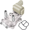 Idle air control valve with metal body, two mounting posts, and beige electrical connector