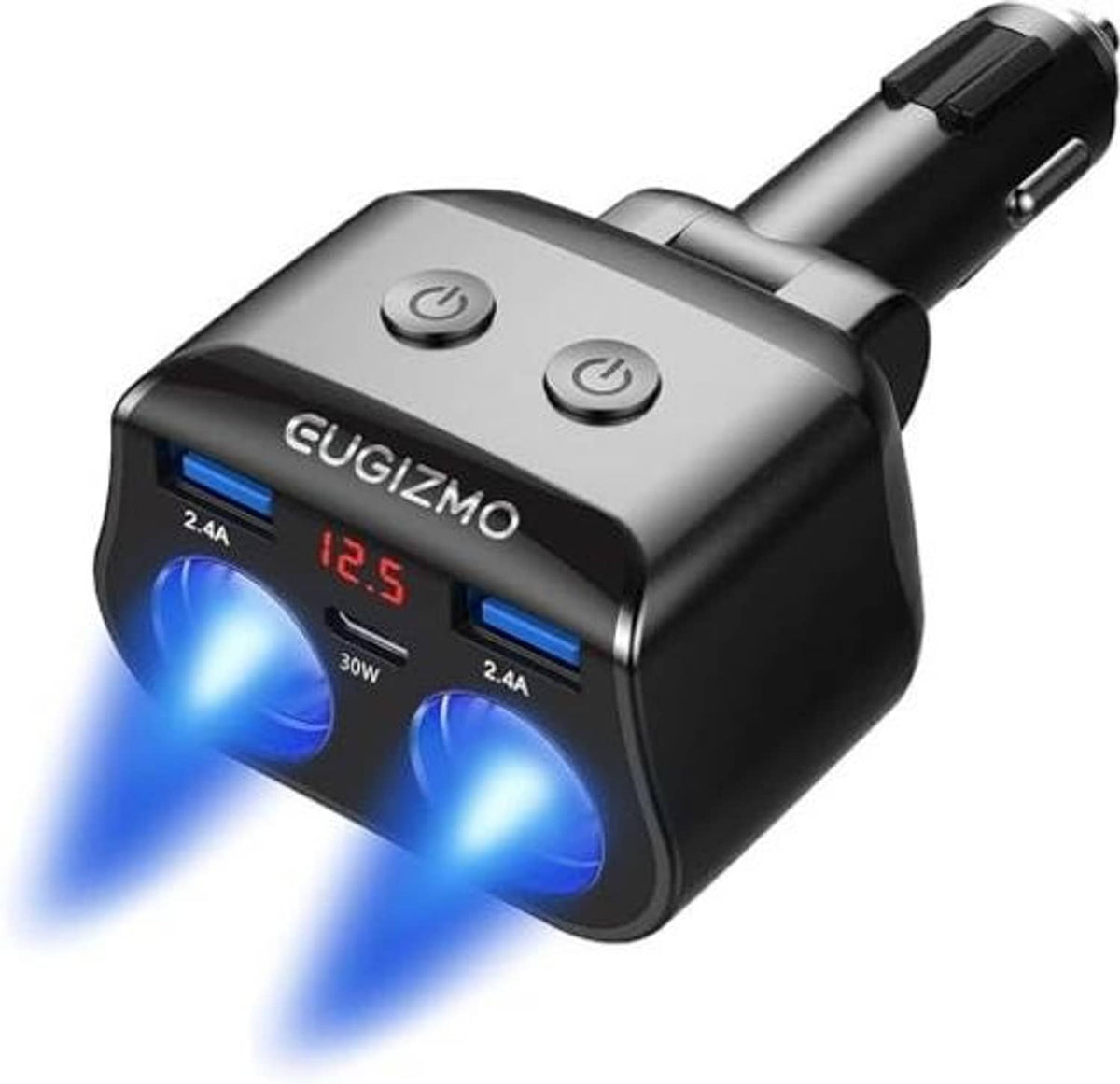Dual car charger adapter with black and silver body, blue LED indicators and 12.5 readout