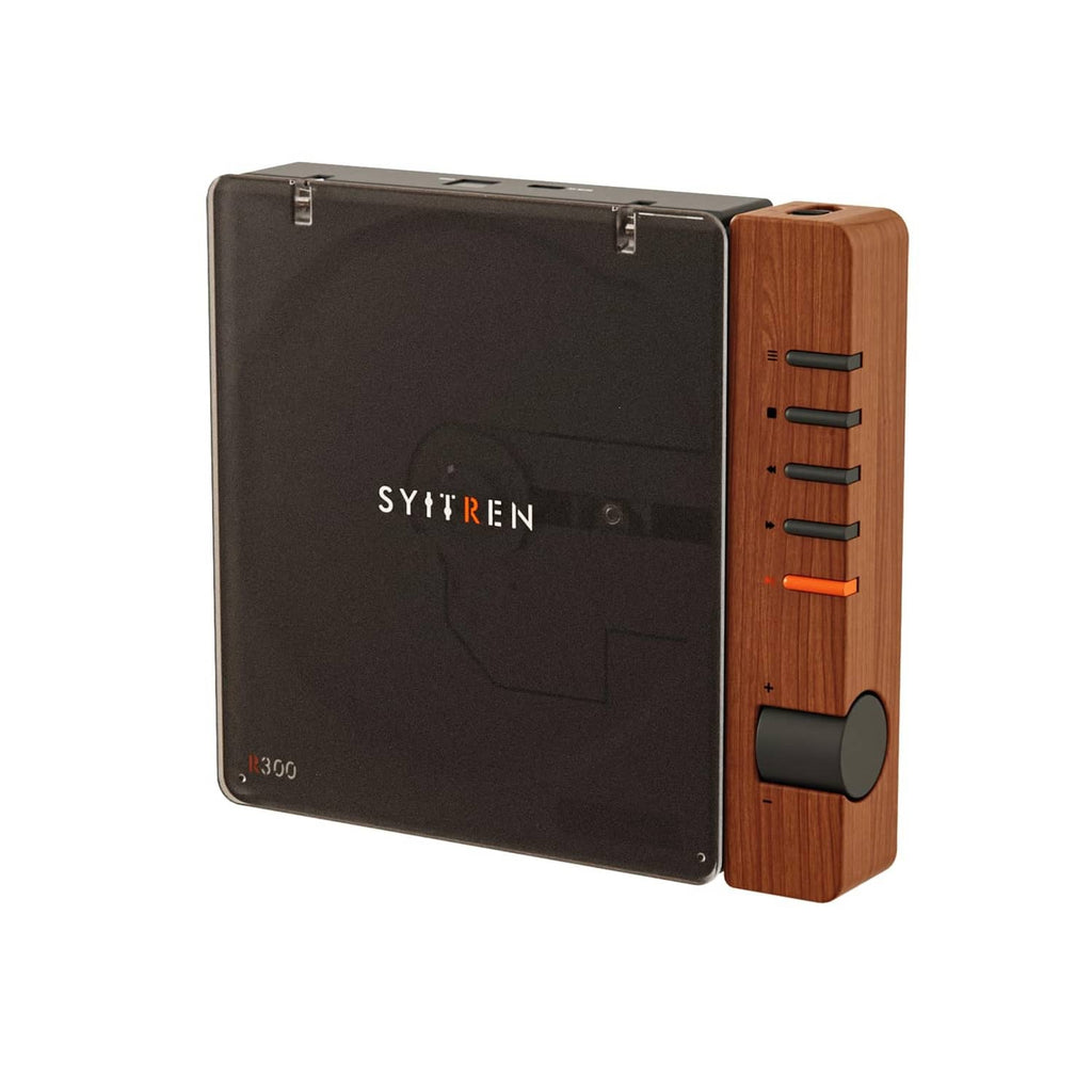Portable retro CD player closed case, black panel with wood side controls