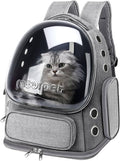 Gray cat bubble backpack carrier with mesh sides, round window front, and side pocket.