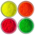 Edible glitter dust set in neon yellow, orange, red, and green, shown in jars