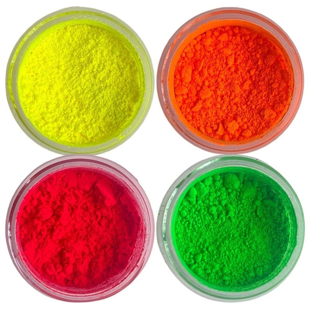 Edible glitter dust set in neon yellow, orange, red, and green, shown in jars
