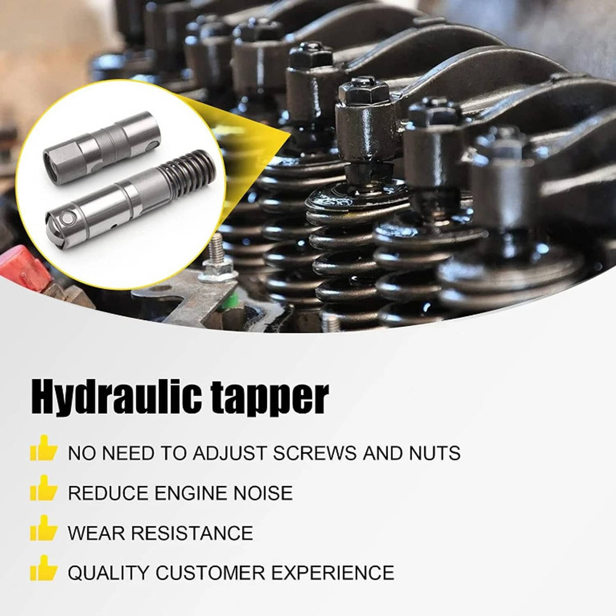 Hydraulic valve lifter with black coil spring and hex cap, compact steel cylinder
