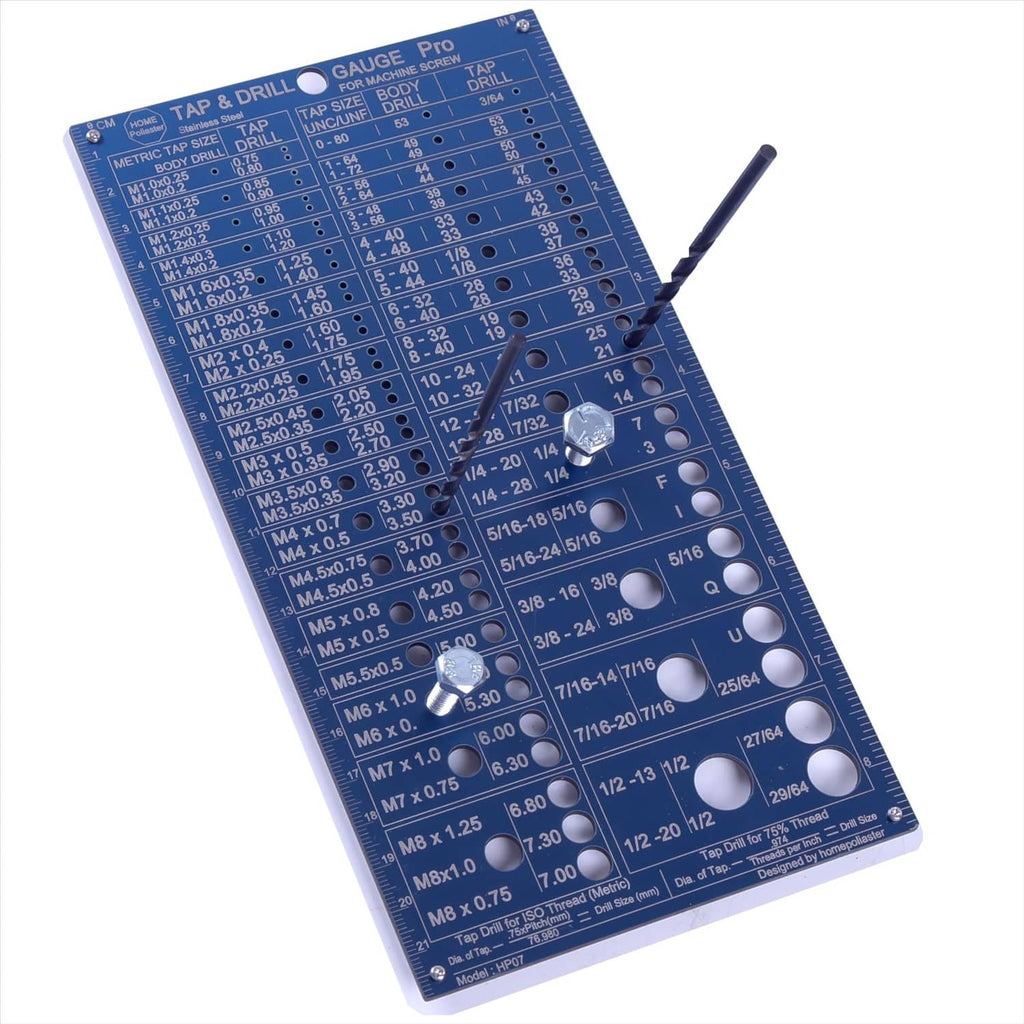 Tap and drill size gauge chart board with metric hole guides and markings