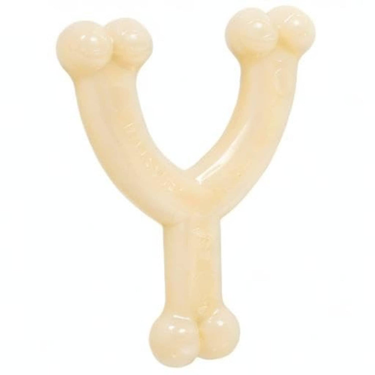 Beige wishbone-style nylon dog chew toy with rounded ends and glossy surface