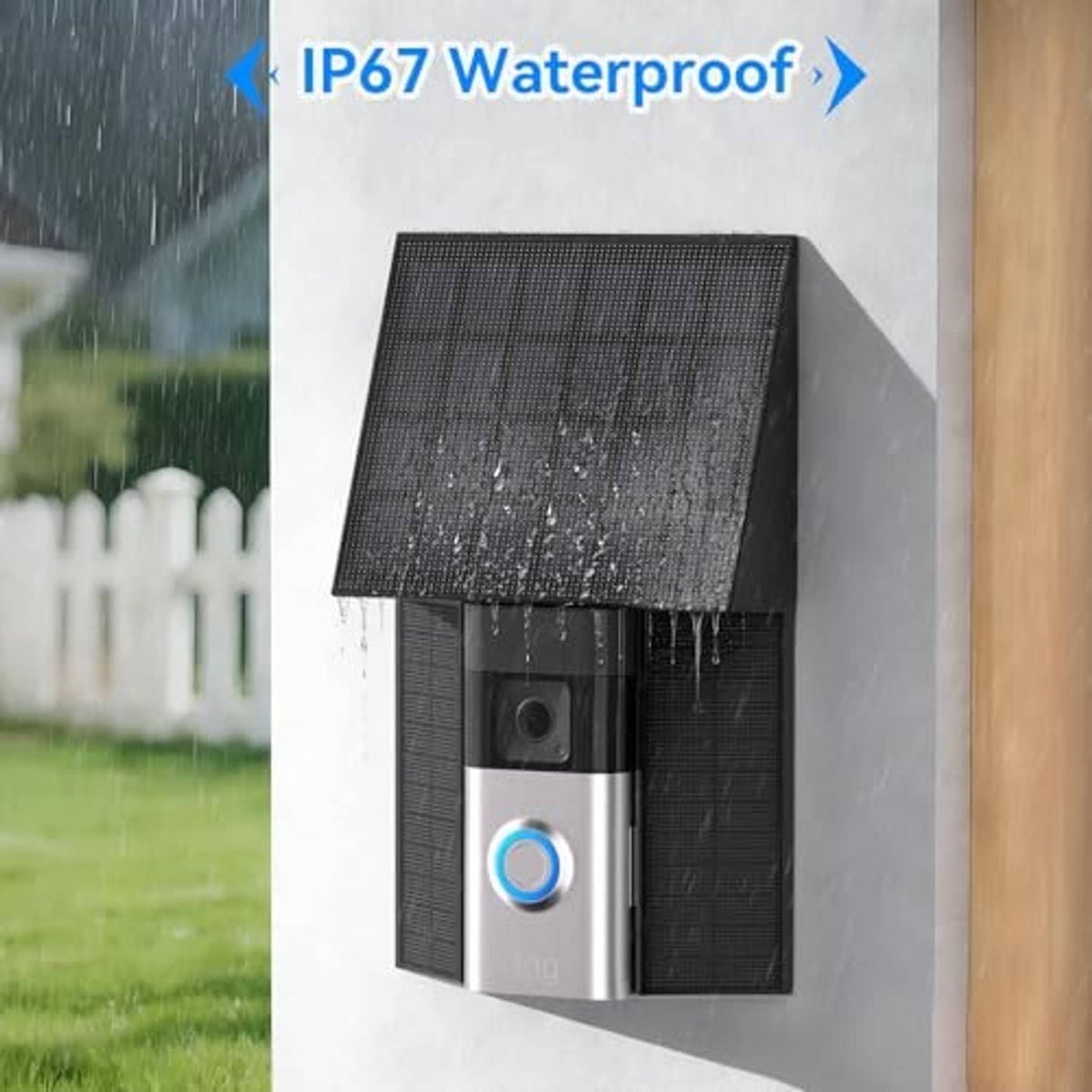 Waterproof solar charger with black solar panel mounted on an outdoor wall, front view