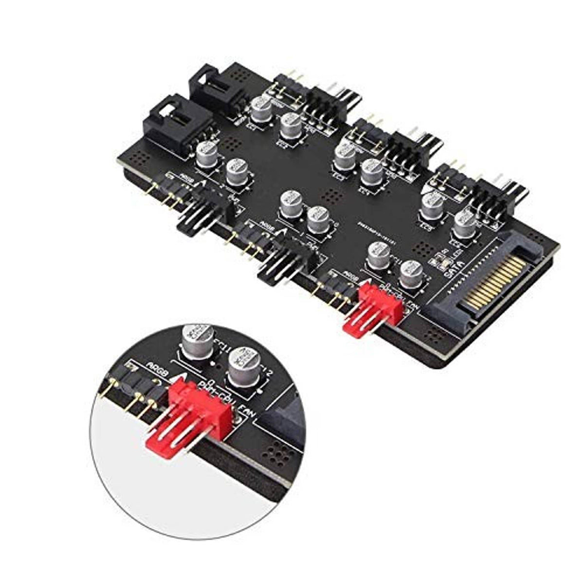 ARGB/PWM fan hub controller board with SATA power connector and mounting detail