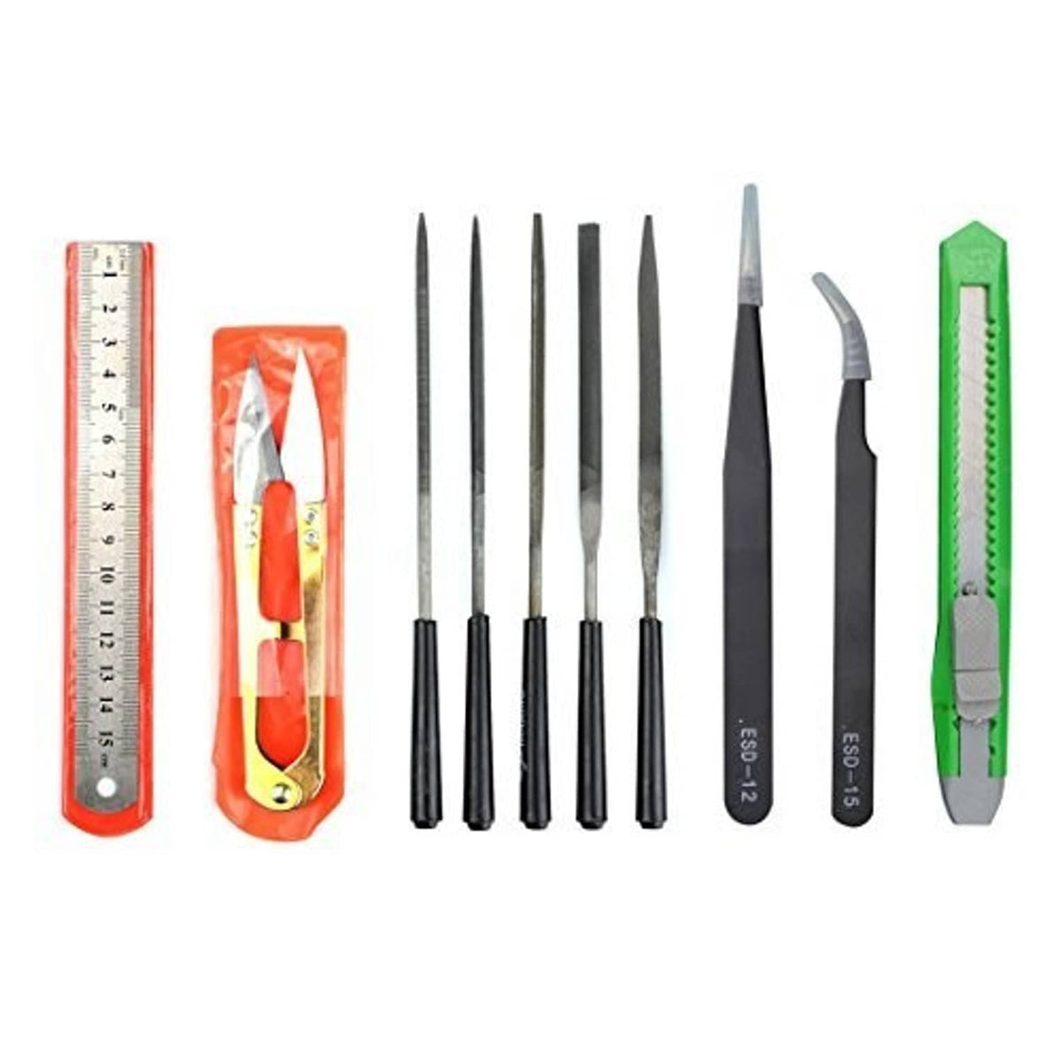 25-piece modeling tools set with carving blades, ruler, and green utility cutter