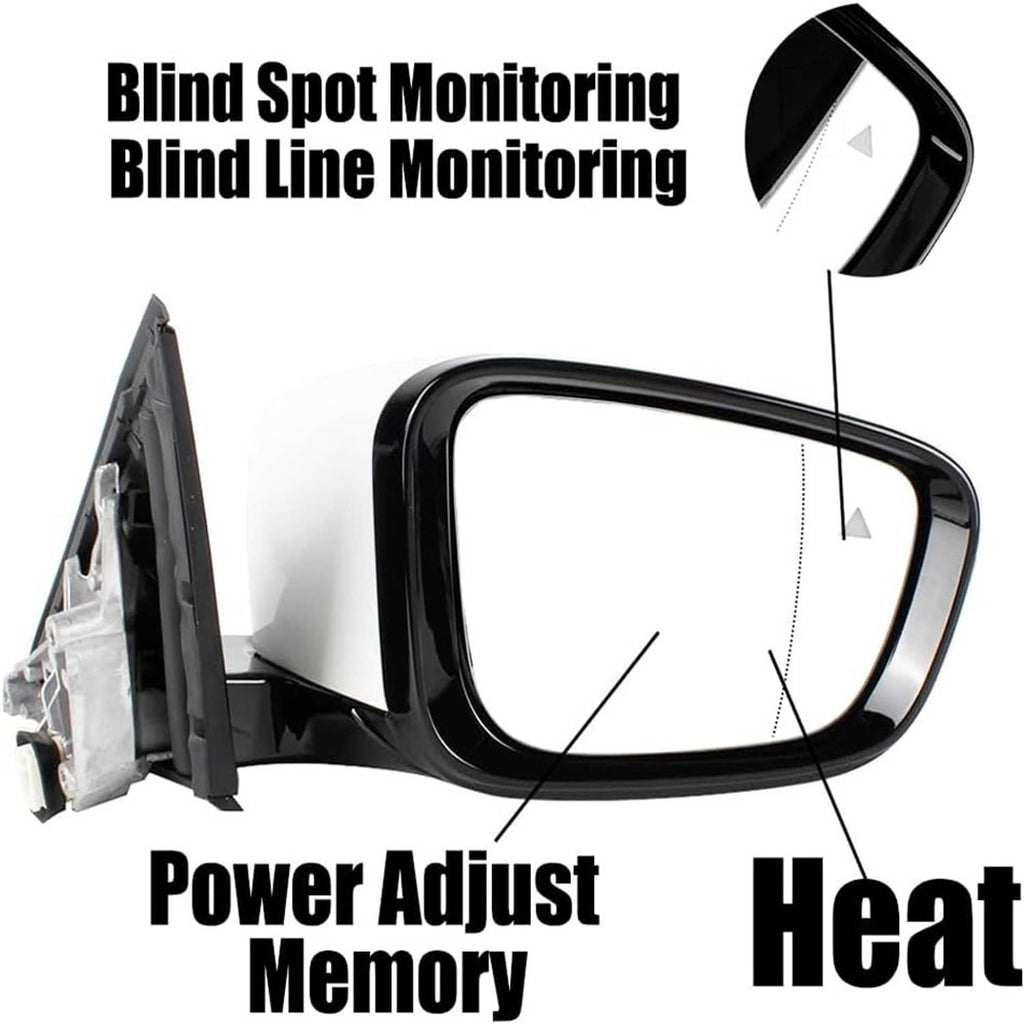 Black-trimmed passenger side mirror with reflective glass and blind-spot module