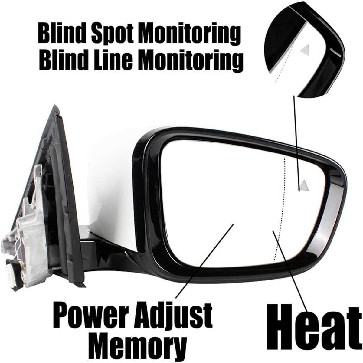 Black-trimmed passenger side mirror with reflective glass and blind-spot module