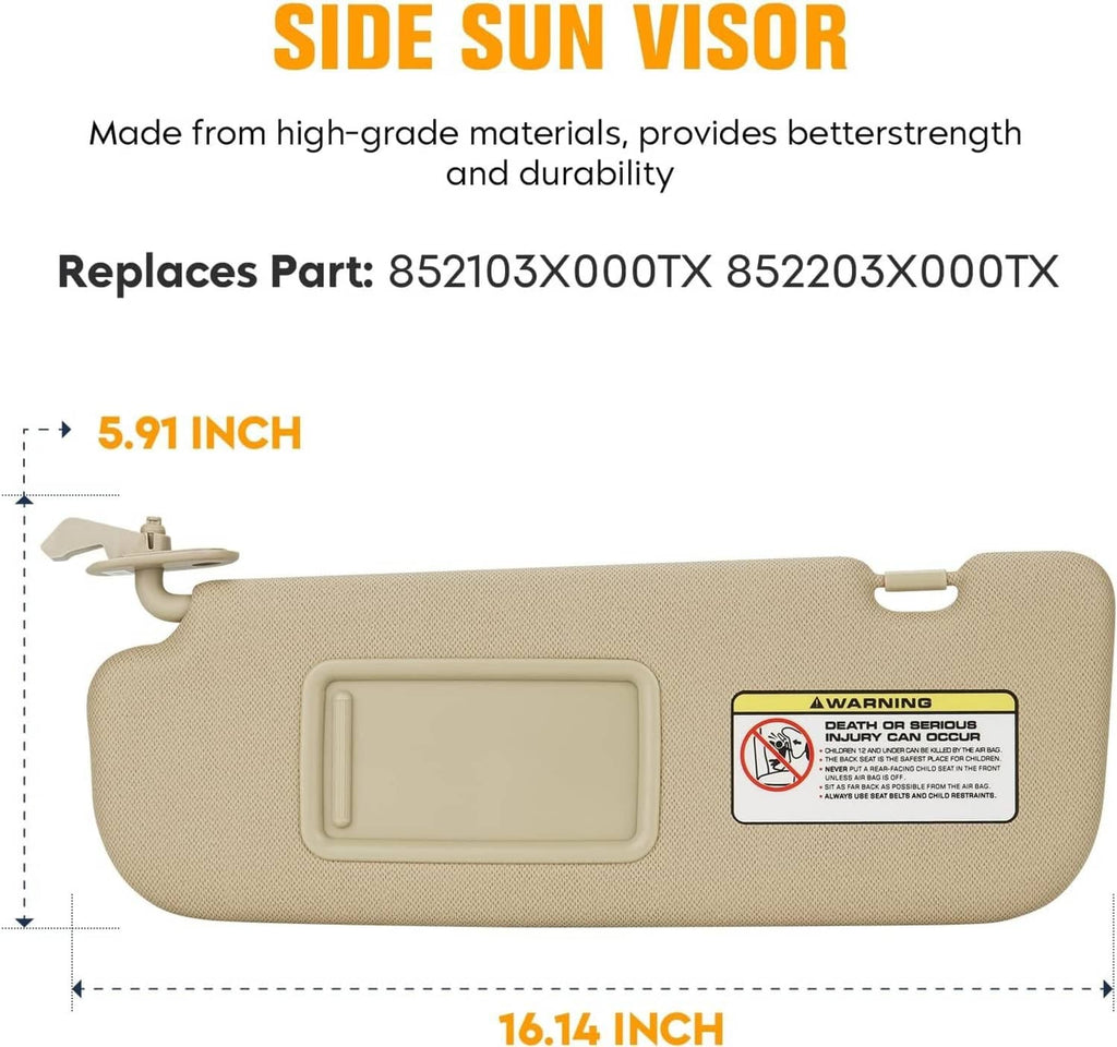 Beige car sun visor with rectangular mirror window and clip mounts, left side