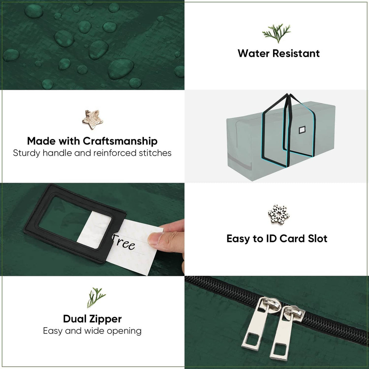 Green storage bag with dual zippers, reinforced stitching, and ID card slot