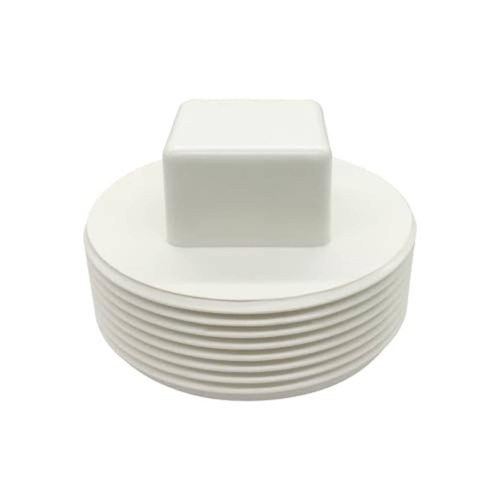 White threaded PVC cleanout plug cap with square outer top and ridged male NPT threads