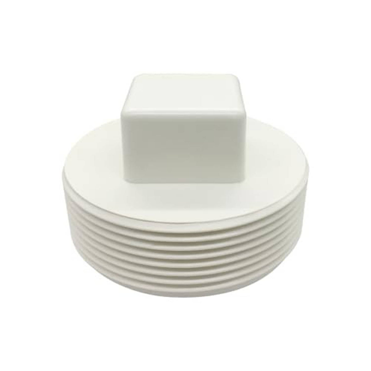White threaded PVC cleanout plug cap with square outer top and ridged male NPT threads