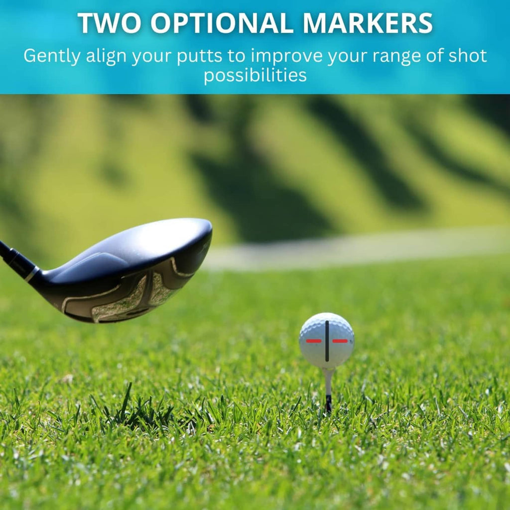Golf ball line marker tool on grass with a small set of alignment marks