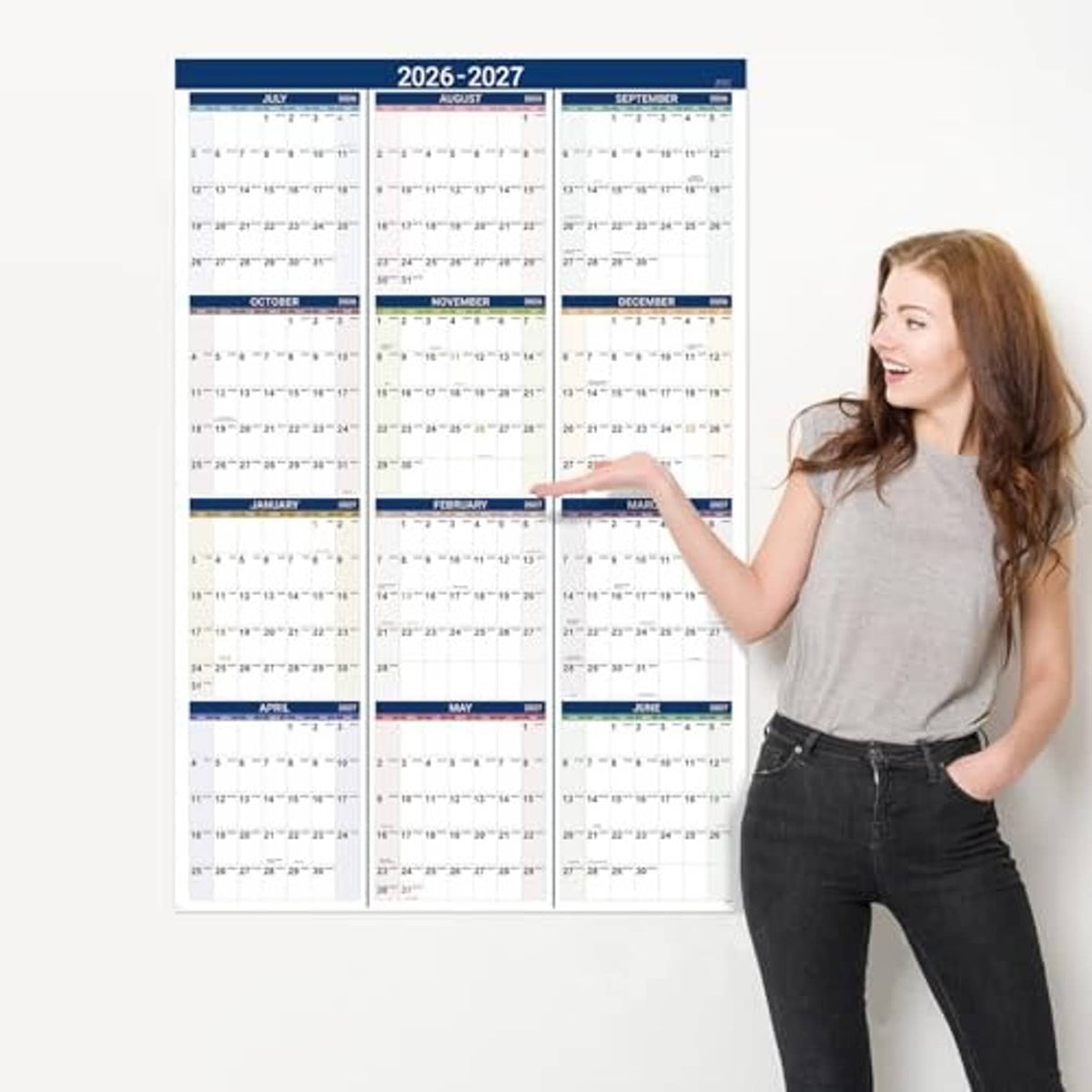 2026-2027 wall calendar with full monthly date grid, blue header and year title