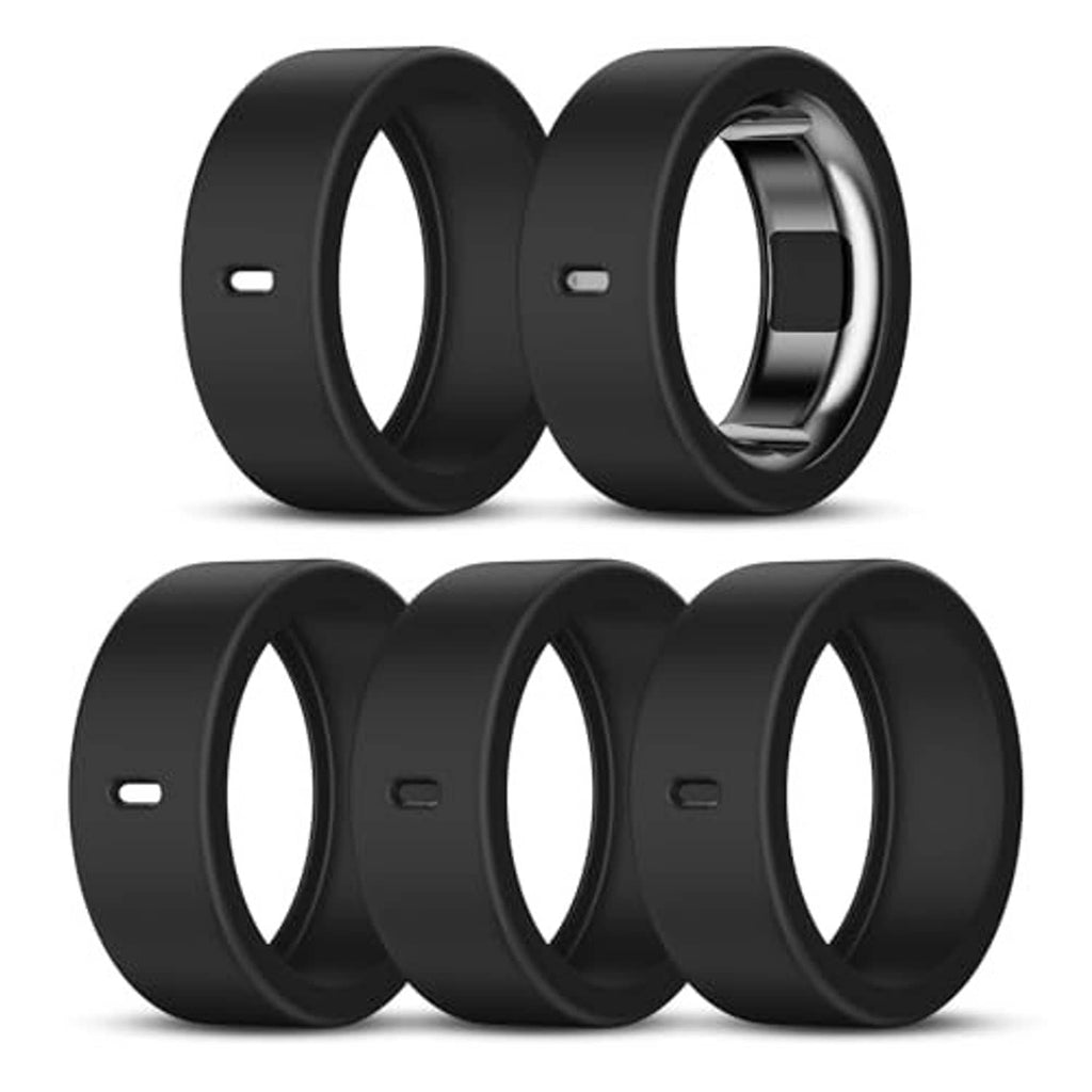 Five black silicone ring covers showing side profile and inner metal opening