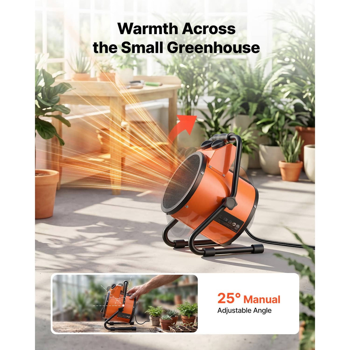 Orange portable electric greenhouse heater with fan grill and adjustable angle near plants