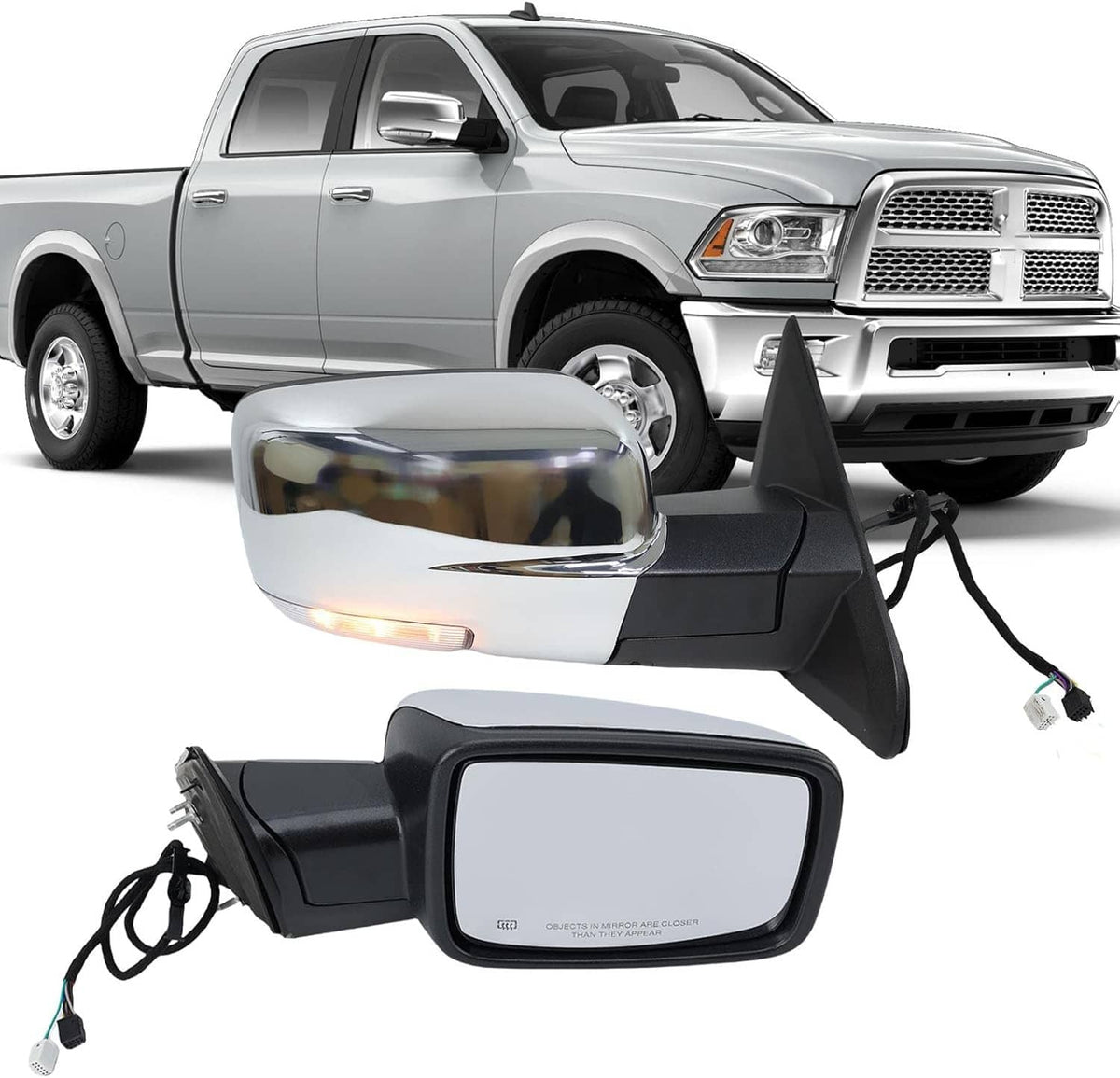 Right chrome side mirror with LED turn signal, black housing, and wiring harness