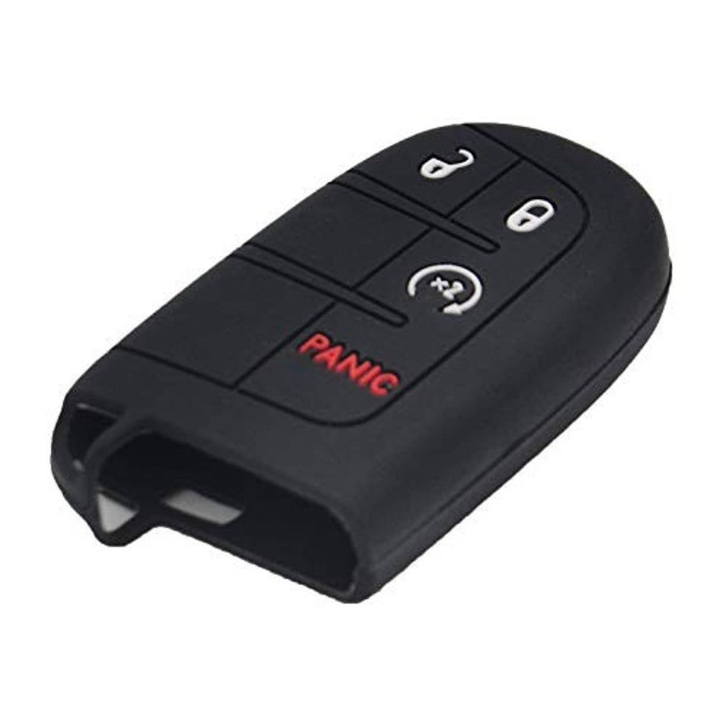 Black silicone key fob cover close view showing lock, unlock, x2, and red PANIC icon