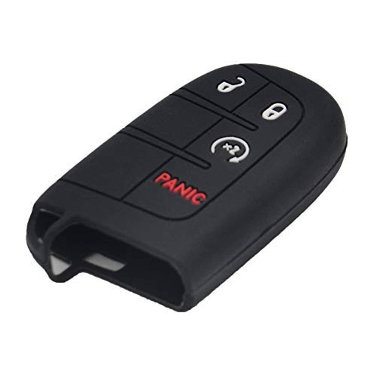 Black silicone key fob cover close view showing lock, unlock, x2, and red PANIC icon