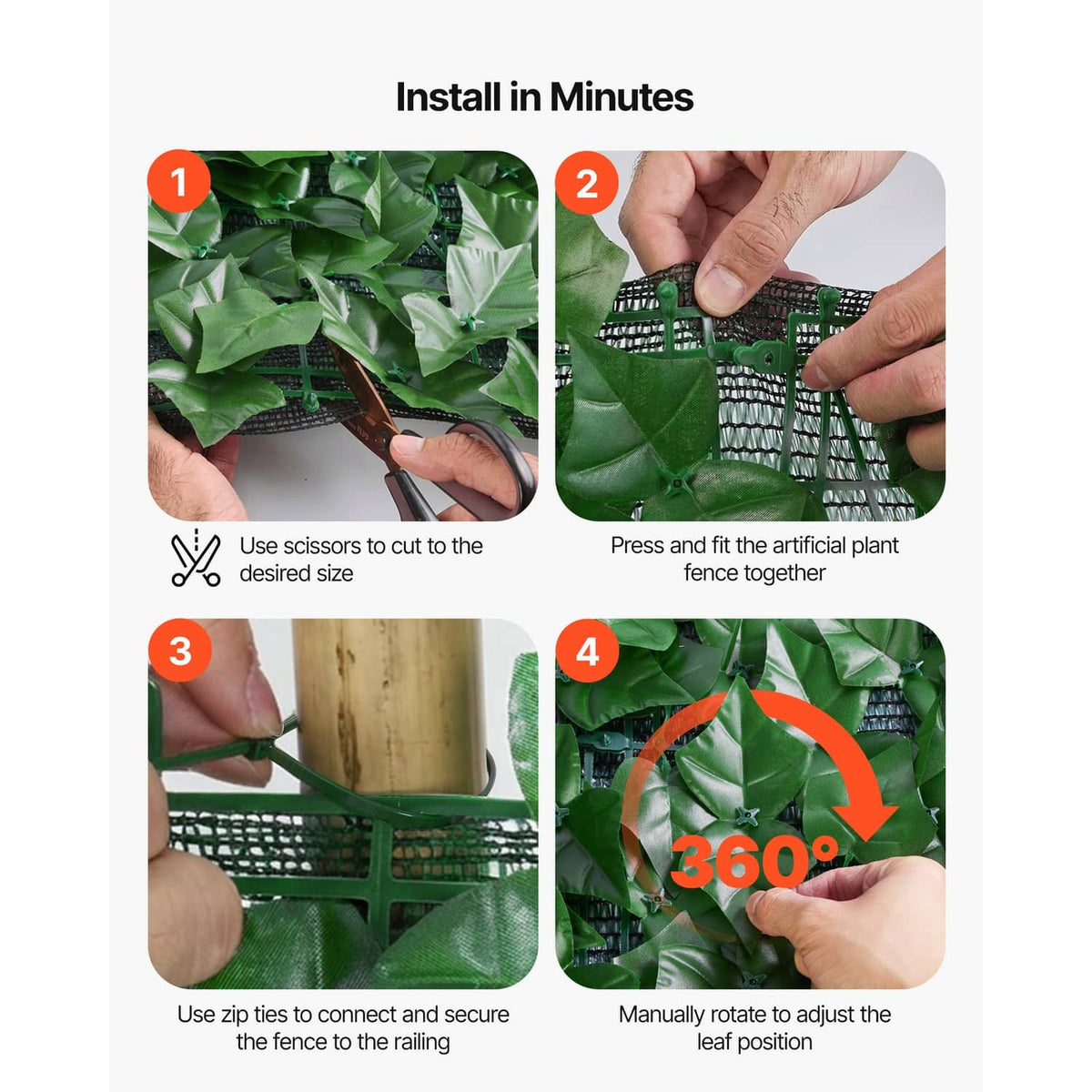 Artificial faux ivy privacy fence screen installation with zip ties and leaf adjustment