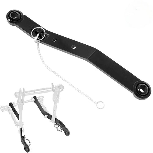 Black 3-point hitch lift arm with chain and mounting holes, showing end hardware